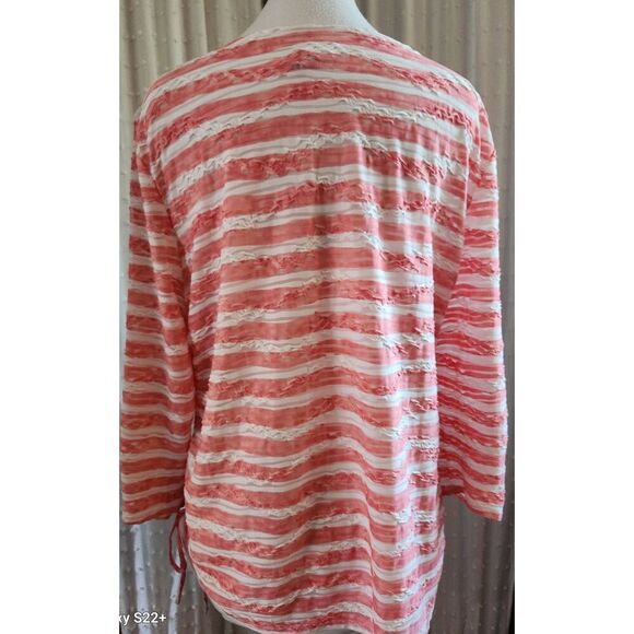+6 Ruby Rd coral and cream stripe top. Beads around neckline and tie at one side - Picture 7 of 11